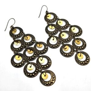 Bronzetone Textured Cirlcles Chandelier Earrings with Goldtone Shimmery Sequins